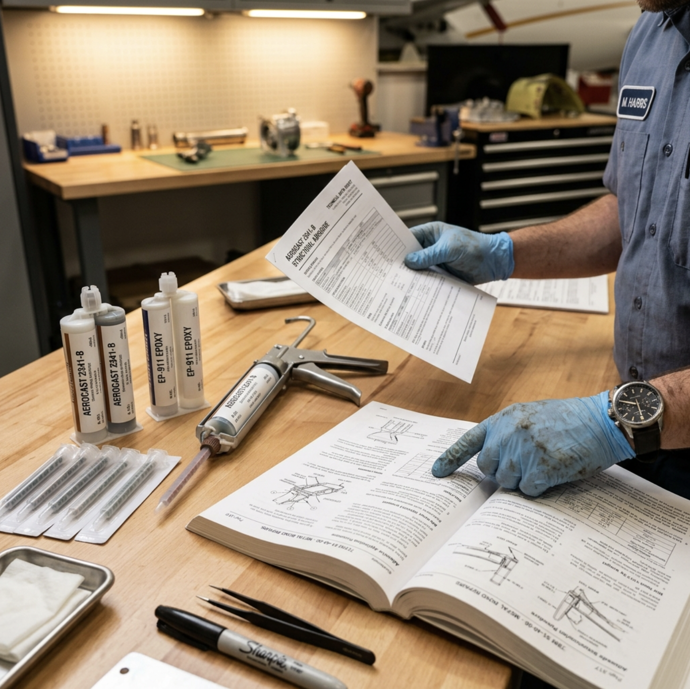 Aviation maintenance workbench with adhesive cartridges, mix nozzles, and structural repair manual for aerospace bonding reference