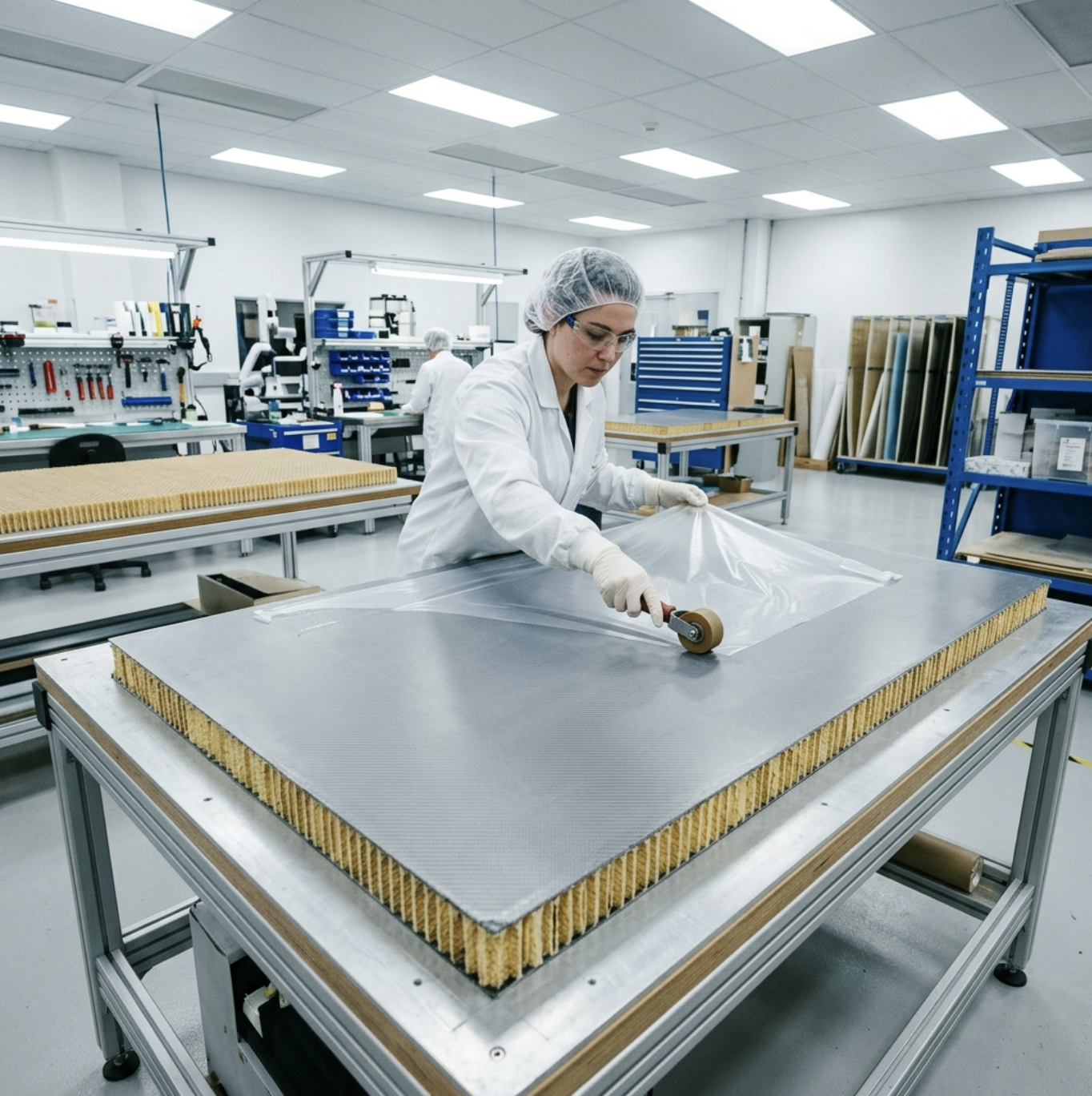 Technician laying film adhesive onto a composite honeycomb sandwich panel in an aerospace OEM manufacturing facility