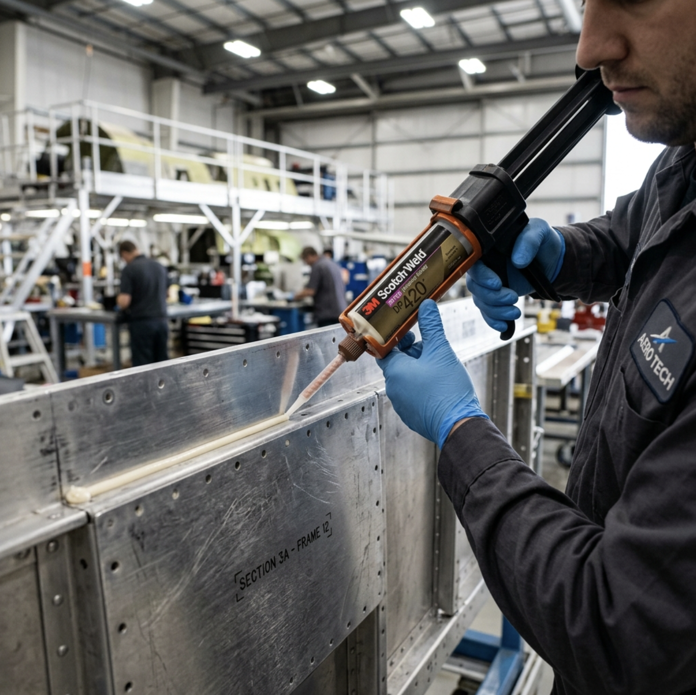 Aerospace technician applying two-part epoxy adhesive to an aluminum aircraft panel in an MRO hangar