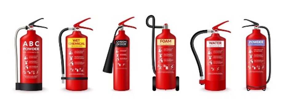 Row of 6 different types of fire extinguishers