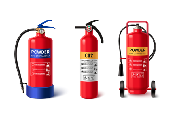 Handheld powder, handheld CO2 and wheeled powder fire extinguishers